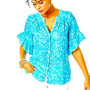 NWT Lilly Pulitzer Tayla Linen Blouse Top - Small - blue - cruise casual party